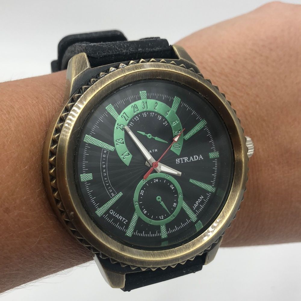 New Strada watch/black silicone band/large clockface/green accents/multifunction